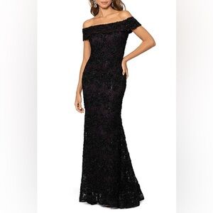 XSCAPE off the shoulder trumpet gown